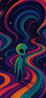 Colorful alien in cosmic swirls background.