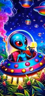 Colorful alien in spaceship amidst vibrant planets.