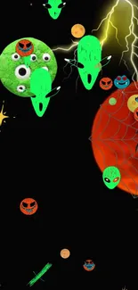 Cartoonish aliens and spider web on dark background.