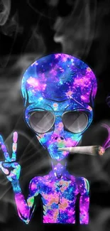 Alien in sunglasses with vibrant galaxy design smoking.