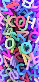 Colorful 3D alphabet letters creating a vibrant chaotic pattern.