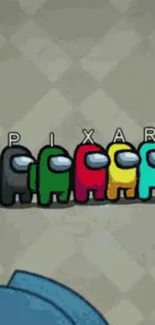 Colorful Among Us characters forming 'PIXAR' in game setting.