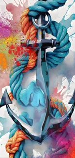 Colorful anchor with bright ropes and paint splashes on mobile wallpaper.