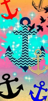 Colorful anchors on a gradient backdrop with birds in a vibrant design.