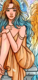 Illustration of a serene angel with blue and gold wings.