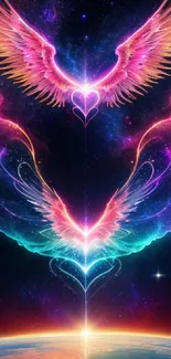 Colorful angel wings with cosmic backdrop in vivid pink and blue hues.