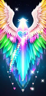 Vibrant angel wings with heart centerpiece on colorful background.