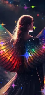 Mystical figure with radiant, colorful wings in a cosmic scene.