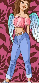 Mobile wallpaper of an angelic character with blue wings and a stylish look.