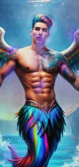 Vibrant and colorful merman with wings in a fantasy setting.