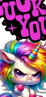 Angry unicorn with rainbow mane art wallpaper.