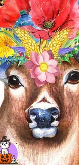 Vibrant watercolor deer with colorful flower crown.