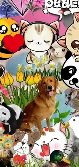 Vibrant animal collage with pets and flowers on a mobile wallpaper.