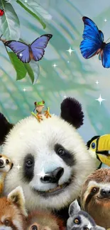 Panda surrounded by forest animals and butterflies with vibrant colors.