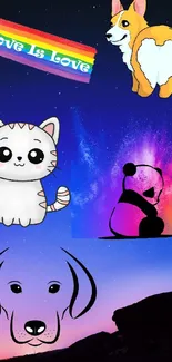 Corgi, panda, and cat on a colorful night sky wallpaper with love banner.