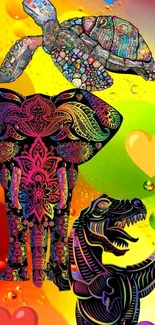 Colorful wallpaper with animals and hearts.