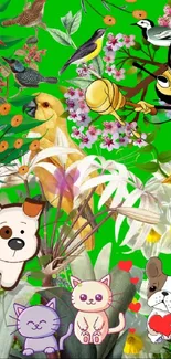 Green wallpaper featuring animated animals, birds, and flowers.