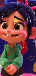 A colorful animated character smiling in a playful scene.