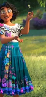 Animated character in floral teal dress in vibrant landscape.