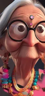 Elderly animated character with glasses and colorful jewels in a vibrant digital art style.