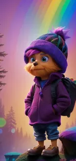 Charming cartoon character in a colorful animated forest with a rainbow backdrop.