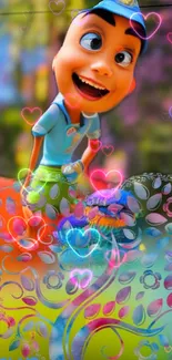 Colorful animated character with heart motifs on wallpaper.