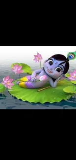 Animated character on lotus leaf with pink flowers in water.