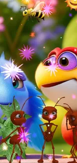 Colorful animated scene with birds, ants, flowers and a bee under a sunny sky.