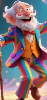 Colorful animated wizard in a rainbow suit with a magical backdrop.