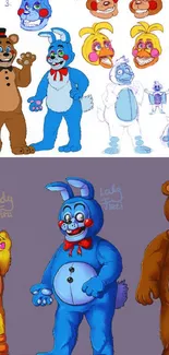 Vibrant animatronic characters in colorful illustration.