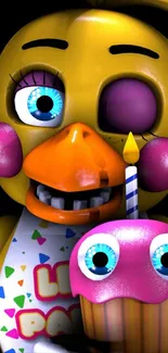 Yellow animatronic character with colorful cupcake on black background.