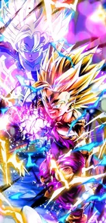 Vibrant anime action wallpaper featuring colorful characters and electric effects.