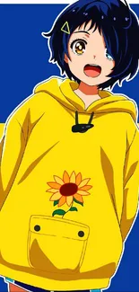 Anime character in yellow hoodie with blue background.