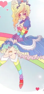 Anime character on a rainbow with colorful attire.