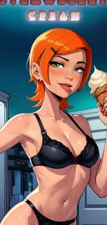 Vibrant anime character holding ice cream.