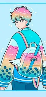 Anime boy with colorful jacket and backpack in vibrant design.