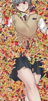 Anime character surrounded by colorful candy elements.