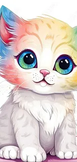 Colorful anime cat with rainbow fur and big eyes.