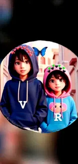 Anime characters in colorful hoodies with a butterfly in the background.