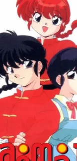 Anime characters in vibrant red outfits.