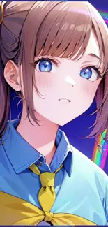 Anime character with blue eyes and rainbow background on a blue wallpaper.