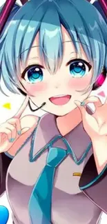 Bright anime character with blue colors and a cheerful expression.