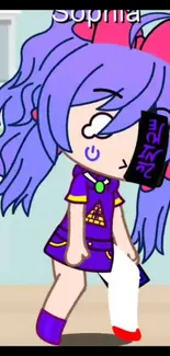 Anime character with purple hair in a cartoon style on a colorful background.