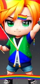 Chibi anime character with a rainbow flag in a bright, cheerful wallpaper.