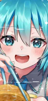 Anime character with blue hair and eyes, featuring vibrant colors and joyful expression.