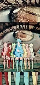 Anime collage with characters and eye art in vibrant colors.