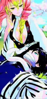 Vibrant anime couple amidst floral scene.