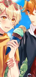 Anime duo enjoying ice cream under clear blue sky.