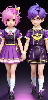 Anime duo in vibrant purple outfits with fairy wings.