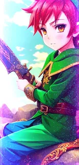 Anime elf warrior with red hair and green attire on a vibrant background.